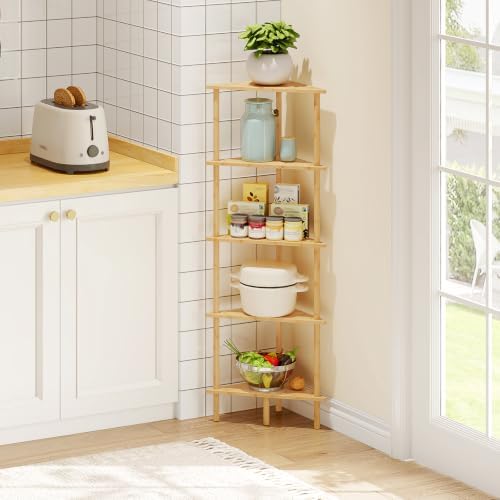 HOOBRO Corner Shelf Stand, 5-Tier Bamboo Corner Bookshelf, Plant Display Shelf, Corner Bookcase, Multipurpose Shelving Unit for Small Space, Living Room, Easy Assembly, Natural YL20CJ01 - Image 6