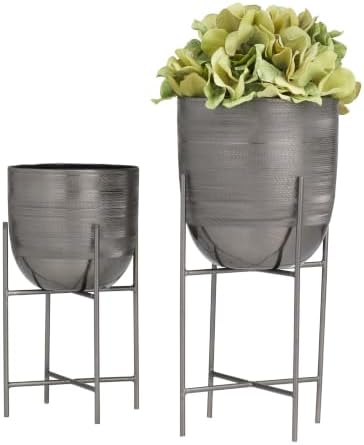 Deco 79 Metal Small Brushed Dome Planter with Removable Stand, Set of 2 12", 9"H, Gray - Image 2