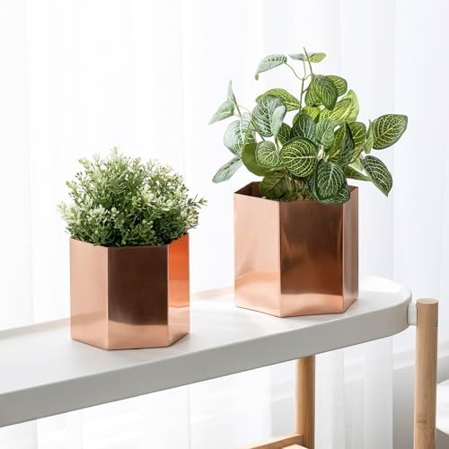 MyGift Copper Tone Metal Hexagon Succulent Cactus Planter Pots, Set of 2 - Image 3