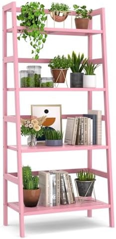 Homykic Pink Ladder Shelf, 4-Tier Bamboo Bookshelf & Bookcase Organizer by Homykic
