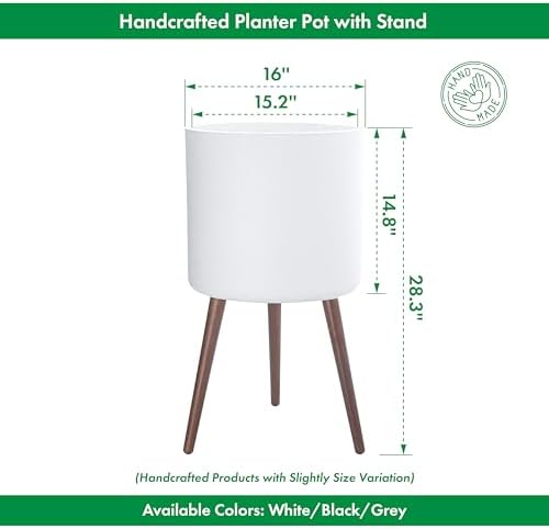 D'vine Dev 16 Inch Planter Pot with Wood Stand, White, 88-O-E-1 - Image 3