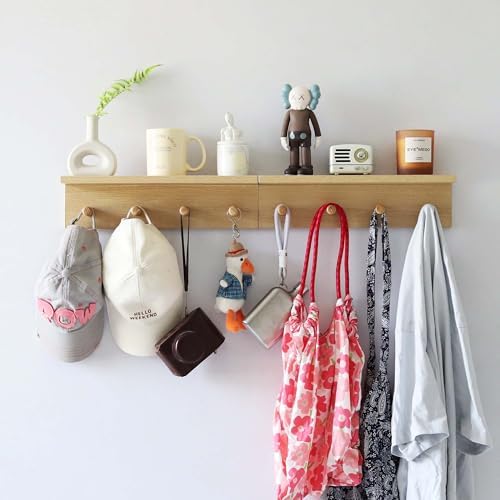 Entrance Coat Rack ，Coat Hooks, Wall-Mounted Wooden Hook Rack, Wall-Mounted Shelves(Oak Color Finish—A-2) by CreatedOn2005