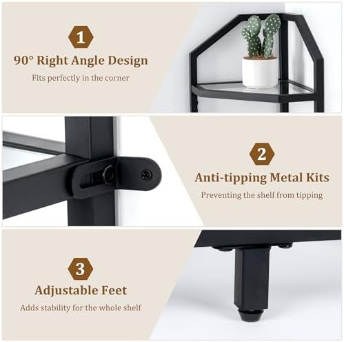 5-Tier Corner Shelf Stand, Black Corner Bookshelf, Bathroom Storage Rack Shelf, Plant Rack, Tempered Glass, Steel Frame, Modern Style for Living Room, Bathroom, Kitchen, Metallic Black - Image 4