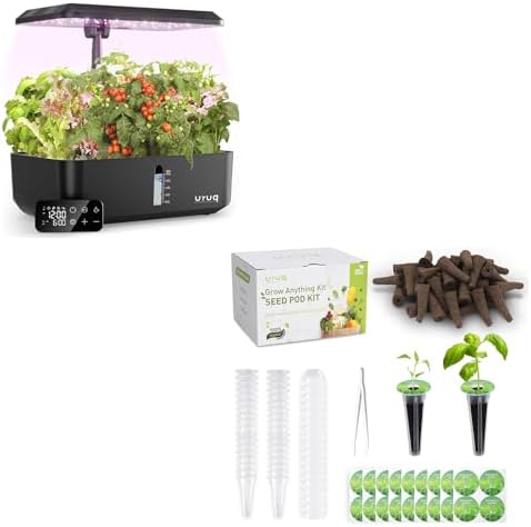 URUQ 12 Pods Hydroponics Growing System Remote Control Charcoal & 140Pcs Hydroponic Pods Supplies by URUQ