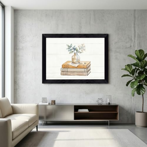 Framed Canvas Wall Art Watercolor Vintage Books and Jasmine Linen Tones with Peace Note Canvas Print Poster Black Frame Wall Decor for Office Study Cozy Library Art, Bookish Decor - Inch 12x16 - Image 7