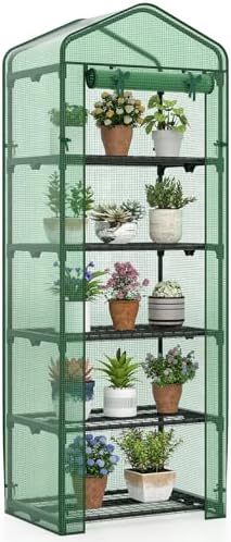 Giantex Mini Greenhouse Indoor Outdoor, 27" x 19" x 75" Portable Plant Grow House with 5 Tier Shelves, PE Cover, Roll-Up Zipper Door, Rustproof Elector-Coating Metal Frame for Patio Balcony Garden by Giantex