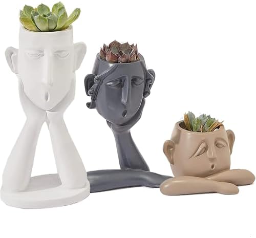 GUTE Human Face Shaped Succulent & Flower Planter Pots - Set of 3- Figurines for Garden - Indoor Outdoor Decorative Garden Figurines, Drainage Holes for Plants Artistic - White, Khaki, Grey - Image 7