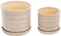 Sagebrook Home Set of 2 Stoneware Ceramic Planters with Saucers –Decorative Indoor & Outdoor Plant Pots – Modern Home & Garden Décor – Ivory & Tan Textured Tribal Design 6" & 8" by NESSANDJORD