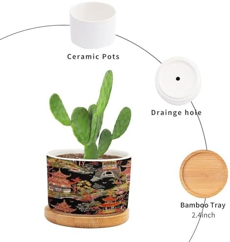 Chinoiserie Coral Asian Ceramic Planters Chinoiserie Chic Asian Pots for Plants with Drainage Holes and Saucers Pot for Home Office Desk Garden - Image 3