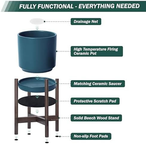 D'vine Dev Ceramic Pot with Walnut Wood Stand, Teal, 12 in, 55-B-W-4 - Image 5