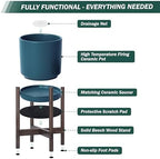 D'vine Dev Ceramic Pot with Walnut Wood Stand, Teal, 12 in, 55-B-W-4 - Image 5