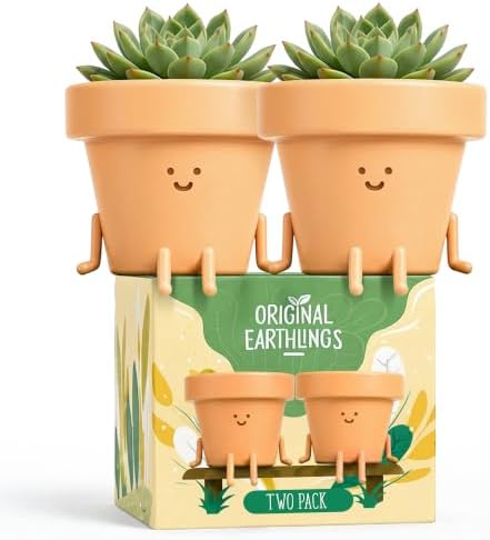 Original Earthlings Plant Pots - Two-Pot Indoor Planter Gift Set with Adoption Certificate, Sitting Cute Succulent Pots for Desk, Shelf, Windowsill, Home Decor - 4 Inch Plastic Planter, 2 Count by OriginalEarthlings
