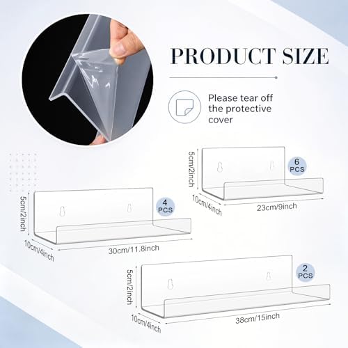 Blulu 12 Packs Multiple Sizes Acrylic Floating Shelf Wall Mounted Invisible Acrylic Shelf Ledge Floating Bookshelf for Living Room Office Bedroom Bathroom Kitchen Decoration Space Saving (Clear) - Image 3