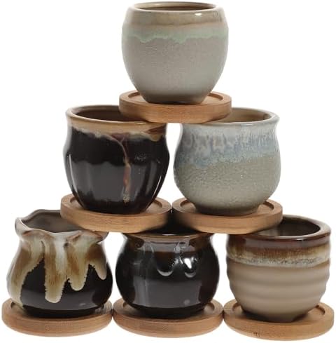 Uonlytech 6pcs Ceramic Succulent Planter Pots Xmas with Bamboo Tray by UONLYtech