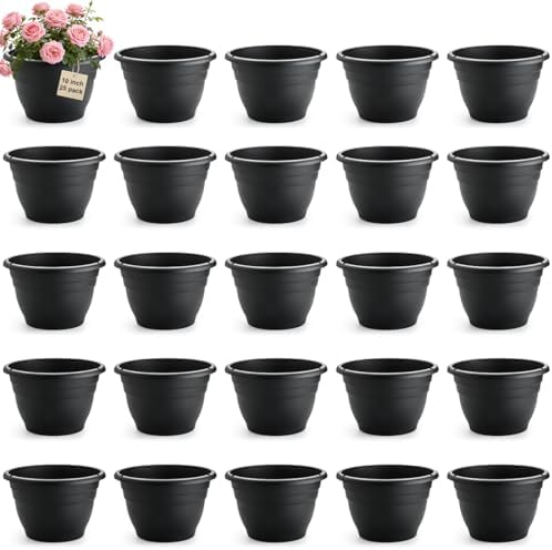 RooTrimmer 25 Pack 10 Inch Plant Pots with Drainage Holes,Black Plastic Flower Pots for Indoor & Outdoor Plants,Durable Lightweight Planters for Flowers,Herbs & Gardening by RooTrimmer