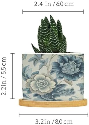On Flax Blue Chinoiserie Planters Ceramic Blue Grey Asian Flower Round Plant Pots with Drainage Holes and Bamboo Tray Pot for Outdoor Garden Home Plant - Image 2