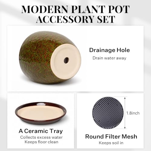 8 Inch Ceramic Planter with Drainage Hole Saucer(Spotted Green) - Image 4