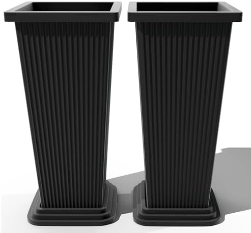 FENCY Set of 2 Tall Planters for Outdoor Plants, Black Ribbed by FENCY