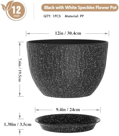 WSMKSZ 12 Inch Wide Water Ripples Flower Pots for Indoor or Outdoor Plants, Large Plant Pots with Drainage Holes & Saucer, Plastic Planters Set for Garden & Home Decor (Black with White Speckles) - Image 2