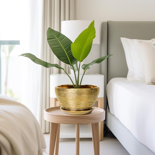Ceramicfor Ceramic Plant Pot Indoor - 9 Inch Planters for Outdoor Plants Decorative Plant Pot with Drainage Hole and Saucer Round Planter Modern Flower Pot Decorative for House Decor Gold - Image 7