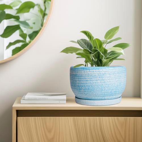 SQOWL Ceramic Plant Pots - 10 Inch Ceramic Flower Pots with Drainage Hole and Saucer, Round Large Planter for Indoor Outdoor, Decorative Modern Planter, Kitchen Decor, House Warming Gifts, Blue - Image 7