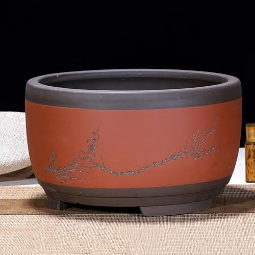 LNPTAL Asian Bonsai Pot, Red Clay Ceramic Succulent Planter with Plum Blossom Engraving, Round Chinese Style Flower Pot for Indoor Plants(21cm*25.5cm) - Image 4