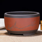 LNPTAL Asian Bonsai Pot, Red Clay Ceramic Succulent Planter with Plum Blossom Engraving, Round Chinese Style Flower Pot for Indoor Plants(17cm*21cm) - Image 4