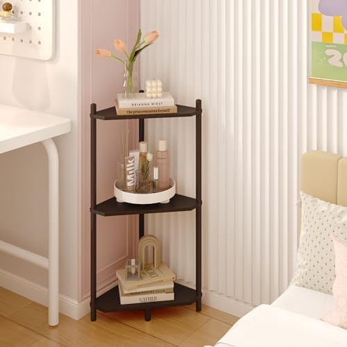 Wisuce Brown Small Corner Shelf Stand, 3-Tier Bamboo Corner Bookshelf - Image 5