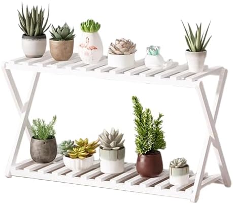 Plant Stand for Indoor Outdoor Tiered Plant Shelf 2 Tier Bamboo Flower Holder Ladder Rack for Multiple Plant Pot Stand for Living Room Balcony Garden,White-27.6" L by Unknown