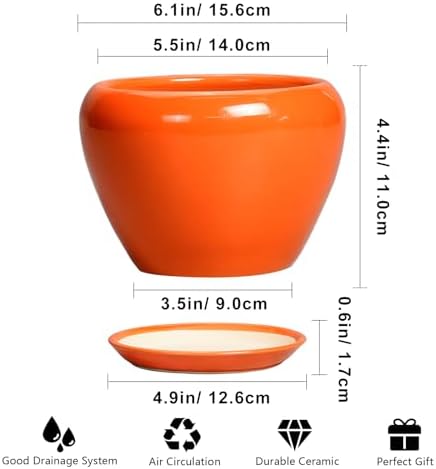 Ceramicfor Ceramic Plant Pot 6 Inch - Ceramic Planter for Indoor Plants Outdoor, Glaze Round Modern Flower Pot with Drainage Hole and Saucer, Gift for Plant Lover, Home Garden Room Decor, Orange - Image 3