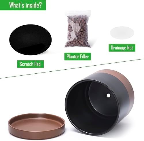 D'vine Dev 6 Inch & 8 Inch & 10 Inch, Set of 3 Round Ceramic Planter Pot with Drainage Hole and Saucer, Black/Speckled Tan, 94-T-L-7 - Image 4