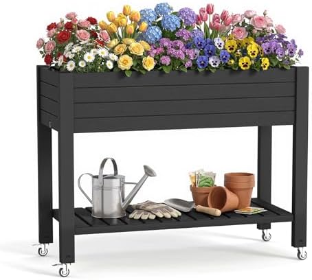 Elevated Raised Garden Bed,Outdoor Large Planter Box with Wheels & Shelf for Backyard Balcony,Dust-Proof Resin Patio Raised Bed for Herbs Flowers Vegetables(Black) by ASKPASS