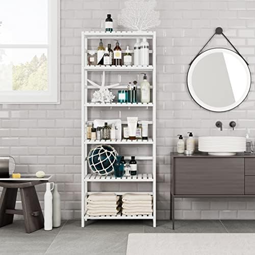 Bamjoy Bamboo Shelf, 6 Tier Bookcase Storage Shelves, Tall Book Rack Shelving Unit, Multipurpose Storage Display Shelf Adjustable Storage Rack for Bathroom Home Office Living Room Kitchen, White - Image 4