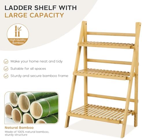 Foldable Ladder Shelf 39.4", Plant Shelf 3 Tier, Bamboo Ladder Bookshelf - Image 5