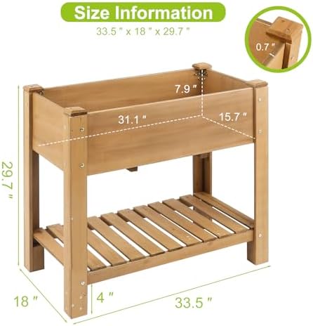 ketive Raised Garden Bed with Legs - Elevated Wooden Planter Box, Durable Fir Wood, Reinforced Frame with Drainage Holes, Liner, and Storage Shelf for Vegetables, Herbs, Flowers, 33.5" x 18" x 30" - Image 2