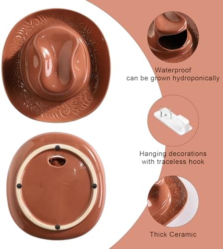 Hanging Wall Planters for Indoor Plants, Wall Vases for Flowers, Ceramic Cowboy Hat Vases for Decor, for Bathroom, Living Room, Office, and Home Decor. Brown Medium - Image 3