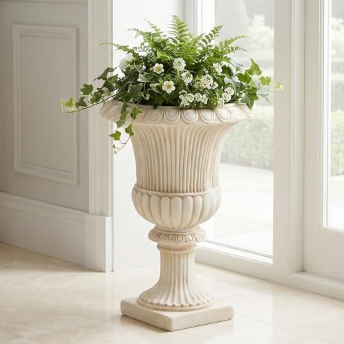 Christopher Knight Home Kyra 24.02" H Classical Urn Planter, MGO Round Outdoor Flower Pot, Weather-Resistant Outdoor Planter for Backyard Hallway, Fluted Relief Pedestal Planter Pot, Antique White - Image 4