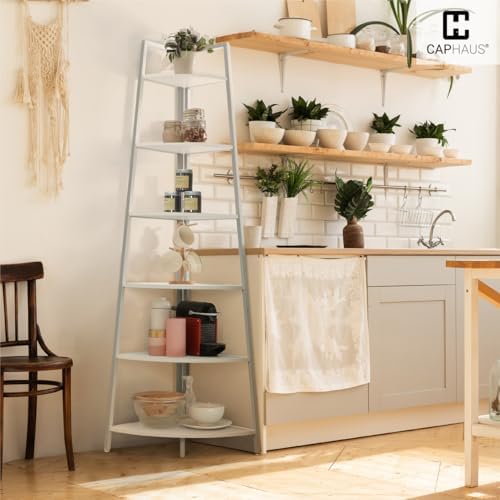 CAPHAUS 6-Tier Corner Shelf Stand, Tall Display Shelves, Ladder Corner Wood Storage Plant Bookshelf with Metal Frame, Versatile Shelving Unit Bookcase for Home Office Space, White - Image 7