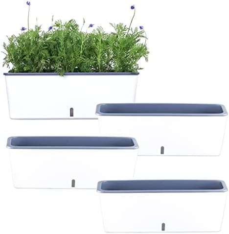 4 Pack Rectangular Planter 17 x 4.5 in Self Watering Planter Window Sill Planters Indoor Rectangle Planter Self Watering Pots Plastic Plant pots with Drainage Holes White Flower Pot Indoor by Planterhoma