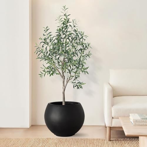 17 H x 21" Dia (15" Pot Opening) Black Round Fiberstone Tall Planter with Drainage Hole, Indoor/Outdoor Large Plant - Image 6