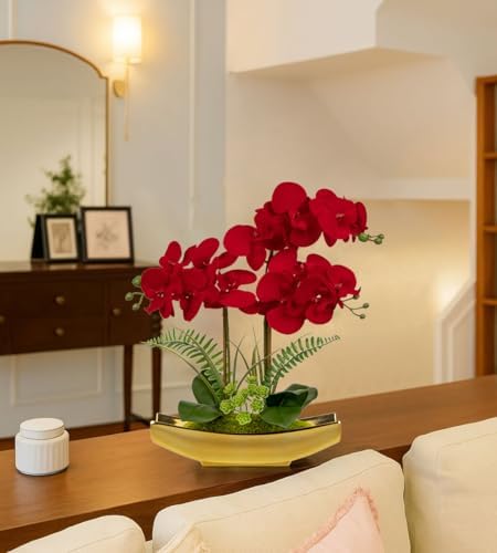Briful Orchid Artificial Flowers 17" Silk Red Orchid Floral Arrangement with Gold Pot Real Touch Faux Orchid Plant for Home Office Room Kitchen Table Centerpiece Shelf Decor - Image 7