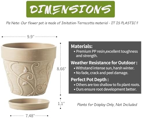Melphoe Plant Pots Indoor with Drainage & Saucer, 2Pack 10 inch Flower Pots Outdoor Planters for Indoor Plants Garden Home Decor Cactus Succulent, Rigid Plastic (Imitation-Terracotta) Vine-Embossed - Image 6