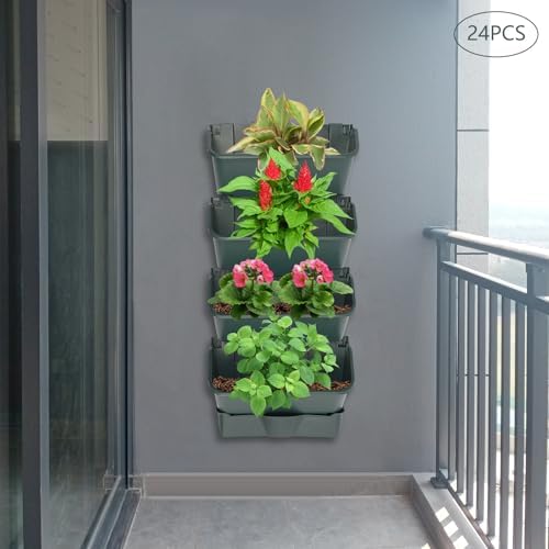 24 Pack Hanging Vertical Wall Planter,12.99inch Wall Mounted Planter for Patio Outdoor Decor,Home Army Green Plastic Pot Balcony Plant Vegetable Fruit Herb Hanging Pocket Holder Flowerpot (Army Green) - Image 2