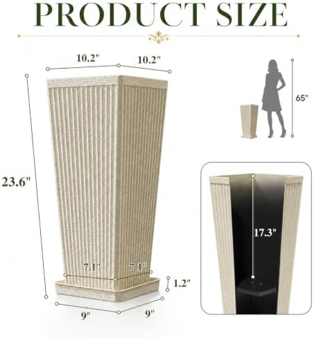 NicBex 24" Tall Planters for Outdoor Plants Set of 2 Square Fluted,Beige - Image 2
