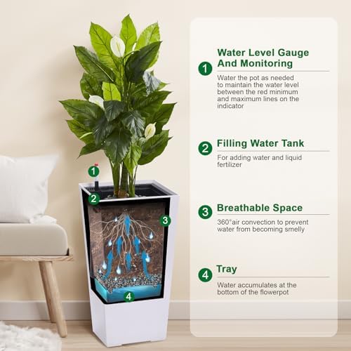 22.5 Inch Tall Self Watering Planters Set of 2, Indoor Outdoor Planter Pots with Water Level Indicator, Drainage Holes and Removable Inner Bucket for Patio Porch Balcony, White - Image 5
