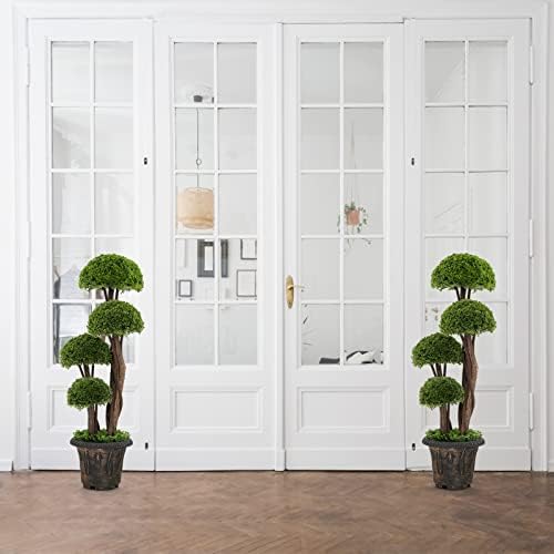 DREAMADE 3ft. Artificial Cypress Topiary Tree, Ball Shaped Faux Cedar Trees w/Retro Cement Pot, 4 Boxwood Topiary Balls, Outdoor Plants Artificial for Porch, Foyer, Garden, Front Door, Set of 2 - Image 4