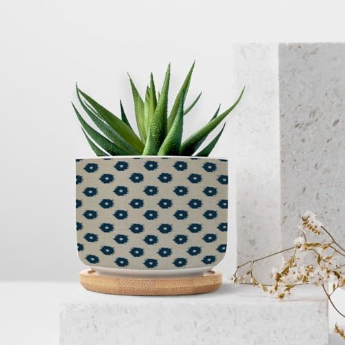 Timur in Blue Background Planters Ceramic Geometric Modern Round Plant Pot with Drainage Holes and Bamboo Tray Pot for Home Desktop Office Windowsill - Image 7