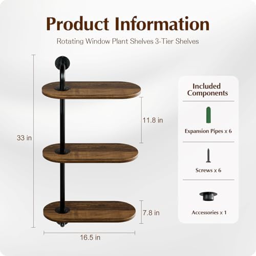 Rotating Window Plant Shelves 3-Tier, Wooden Window Shelf for Plants, Sill Space-Saving Corner Hanging Wall Stand for Multiple Plants, Indoor Home Decor, Carbonized - Image 2