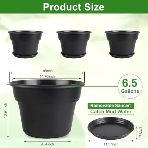 Myfeegoin 16-inch-Plant-Pots, 4 Pack Large Planters for Outdoor Plants, Plastic Flower Pots Indoor with Drainage Holes & Trays, Classic Garden Pot Container for House - Image 3