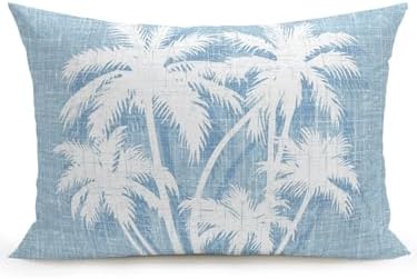 Tropical Palm Tree 12x20 Waterproof Outdoor Lumbar Pillow with Insert, Vintage Light Blue Exotic Botanical Plants Patio Cushion Pillows for Outdoor Sofa Bench Porch Balcony Furniture, 1 Pack by Hokiten